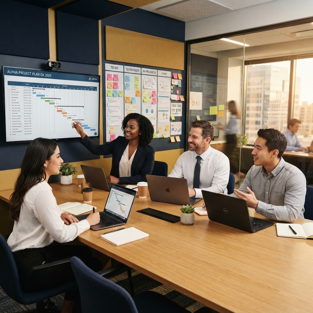 A project team collaborating around timelines, a kanban board, and deliverables during a working session